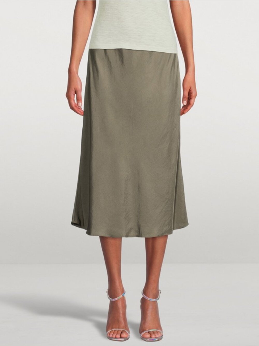 NEW Theory Clean Slip Midi Skirt Size P Olive Green Washed Twill $265